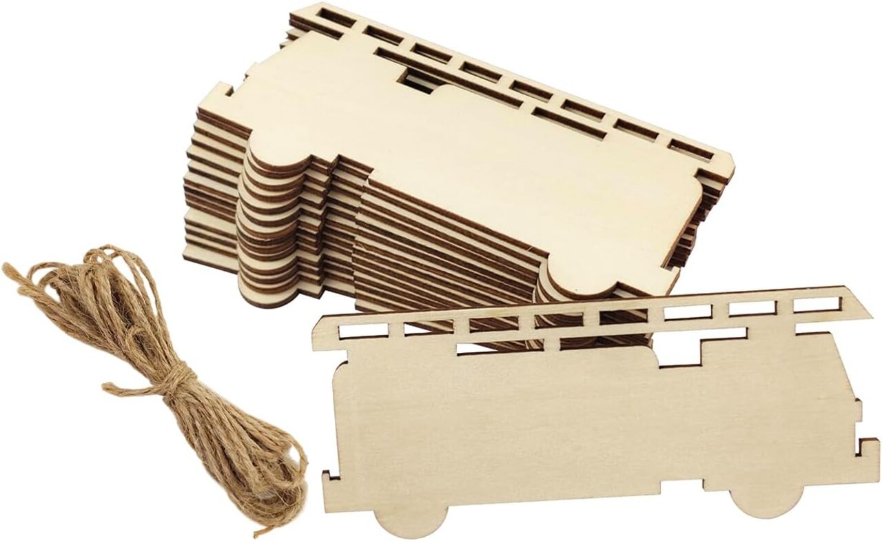 30-Pack 4-Inch Wooden Fire Truck Cutouts – Unfinished Firefighter Truck Shapes for DIY Painting, Hanging Ornaments, Gift Tags, and Craft Projects